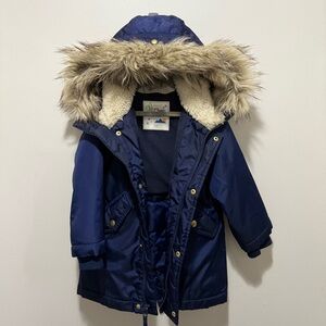 Jcrew Kids Fishtail Parka. Navy Hooded Coat with Faux Fur Trim